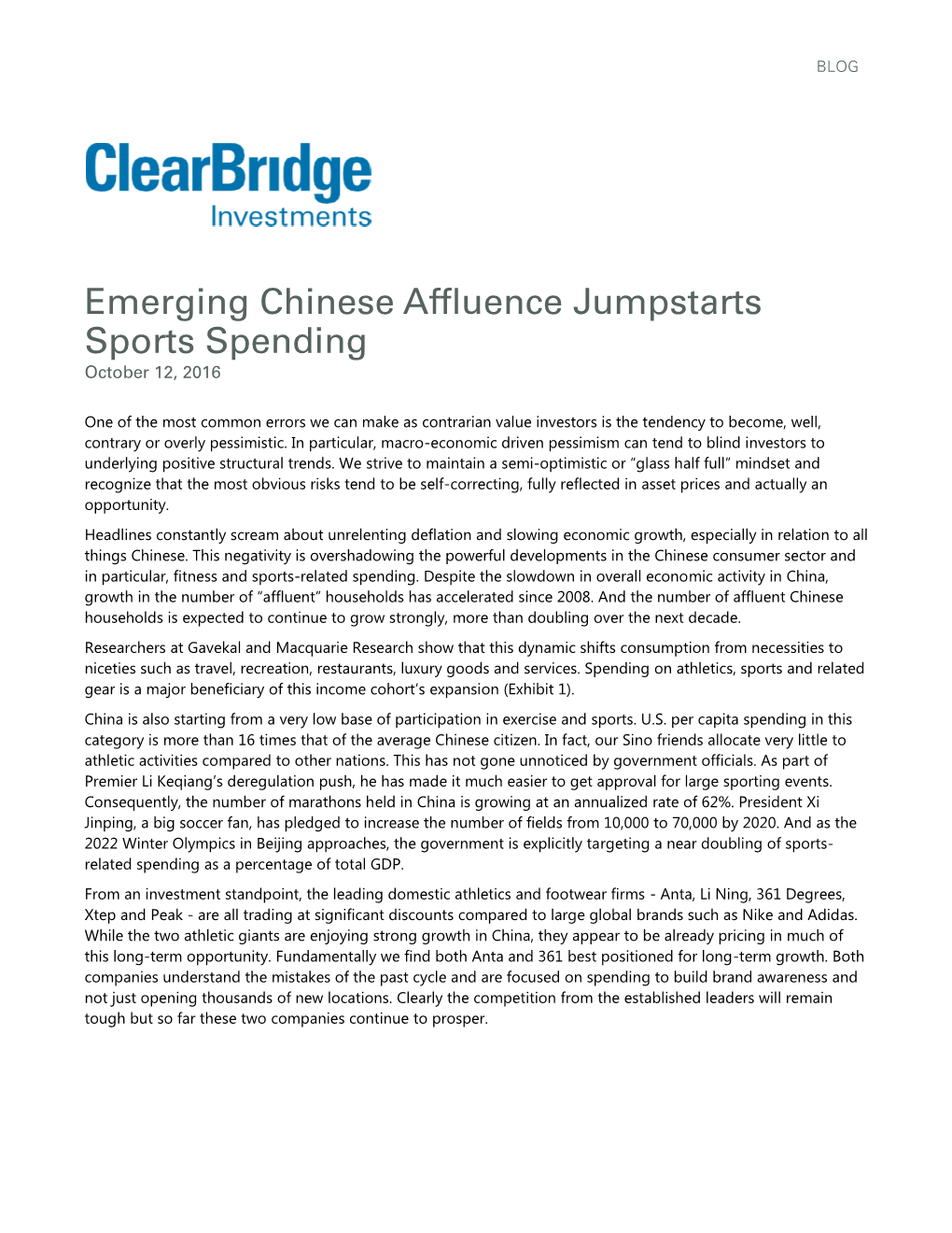 Emerging Chinese Affluence Jumpstarts Sports Spending October 12, 2016