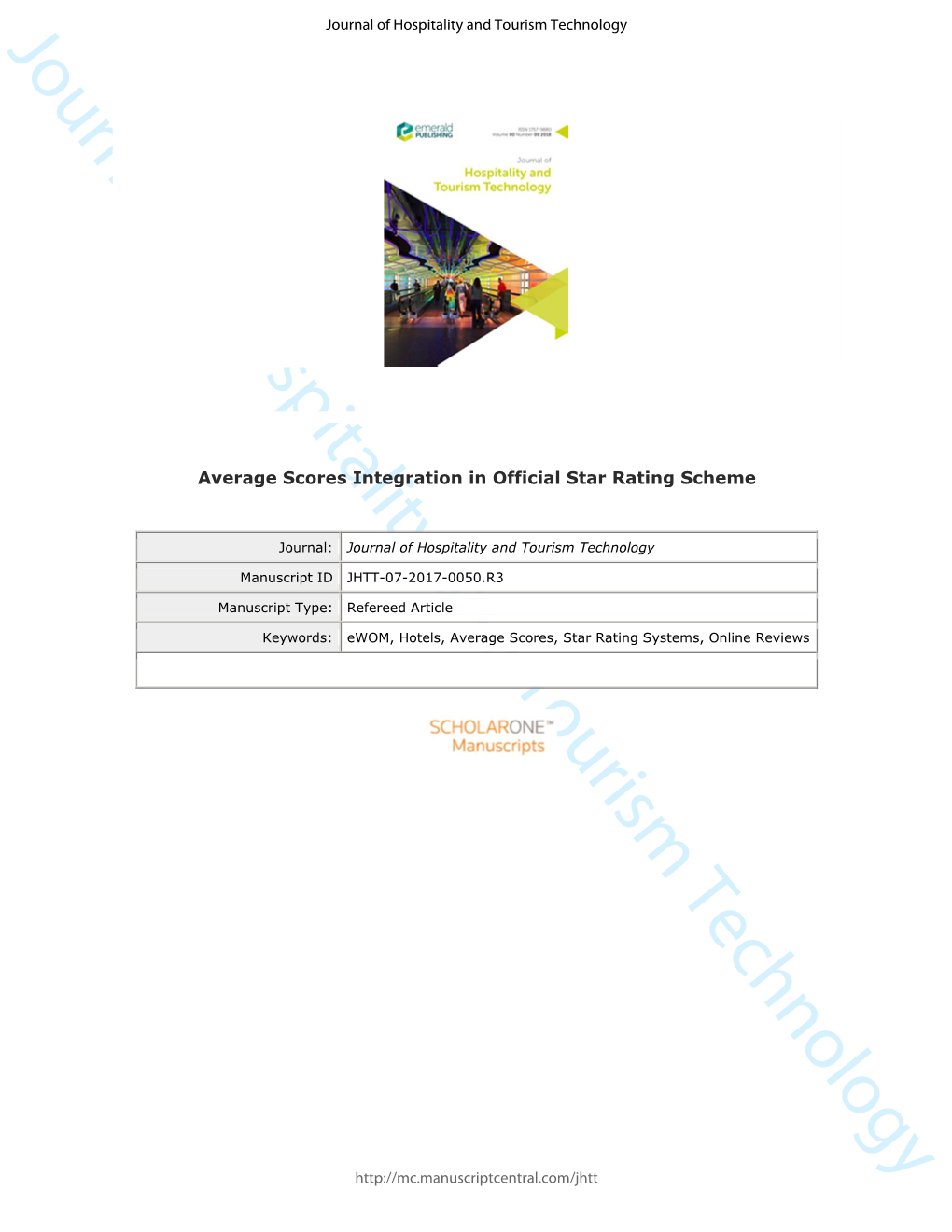 Journal of Hospitality and Tourism Technology