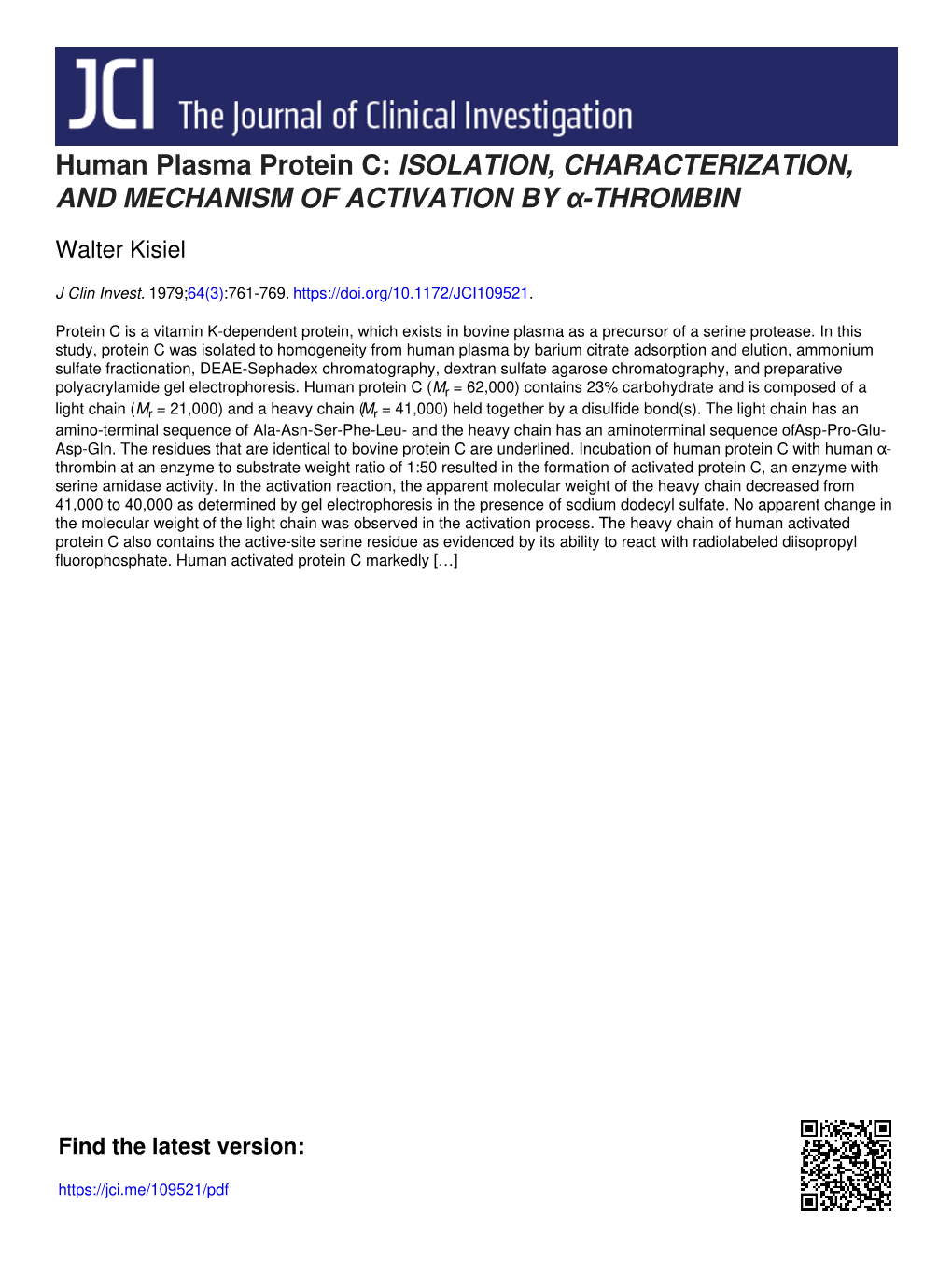 Human Plasma Protein C: ISOLATION, CHARACTERIZATION, and MECHANISM of ACTIVATION by Α-THROMBIN