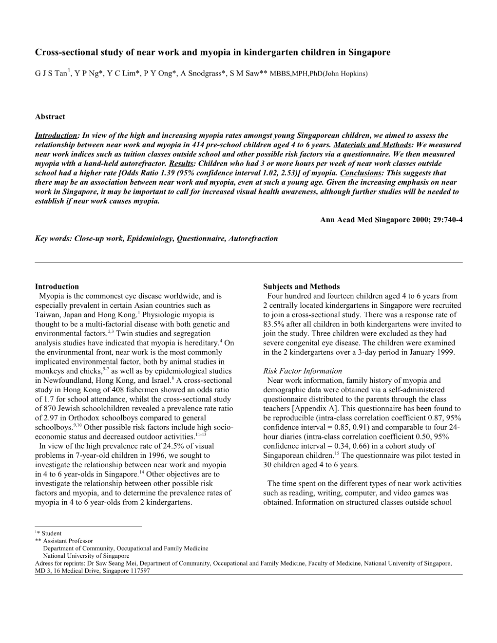 Cross-Sectional Study of Near-Work and Myopia in Kindergarden Children in Singapore