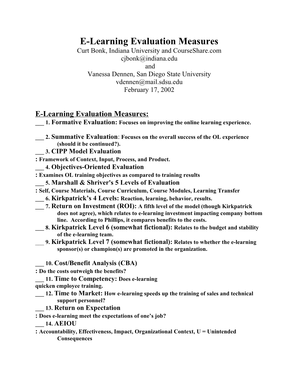 E-Learning Evaluation References