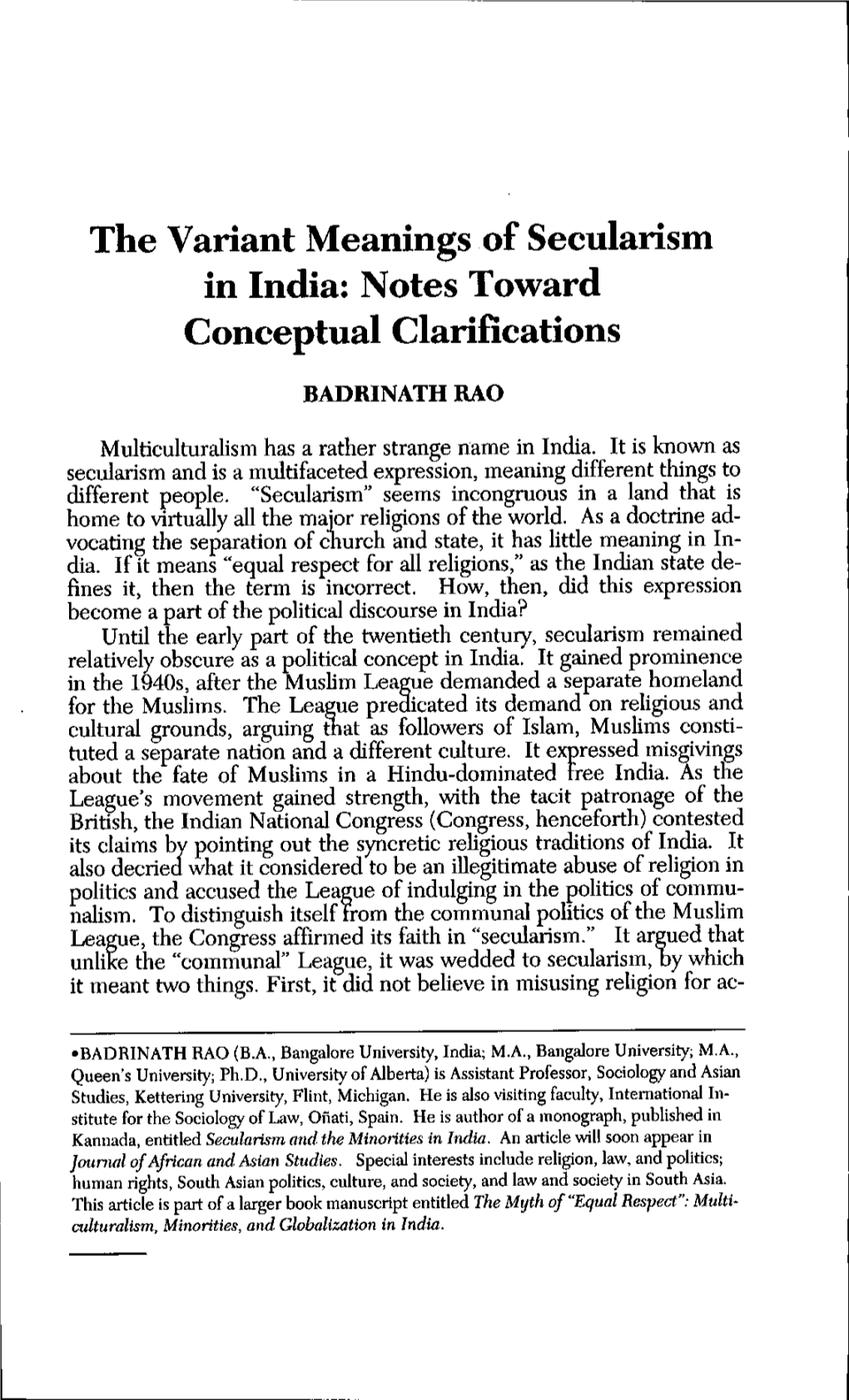 The Variant Meanings of Secularism in India: Notes Toward Conceptual Clarifications