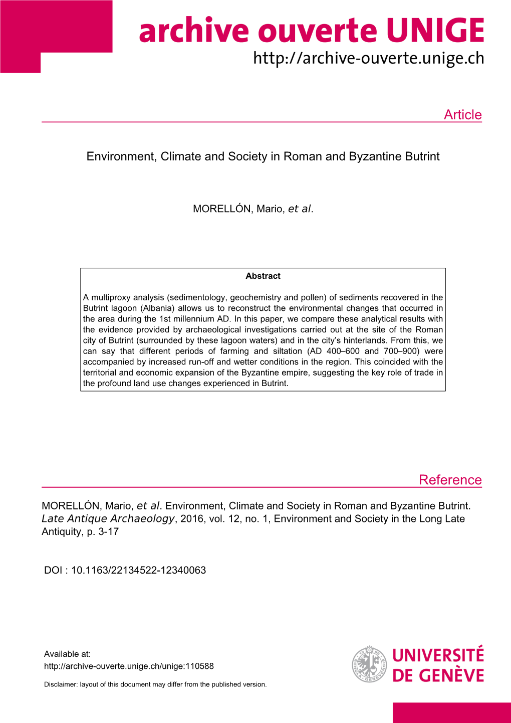 Environment, Climate and Society in Roman and Byzantine Butrint