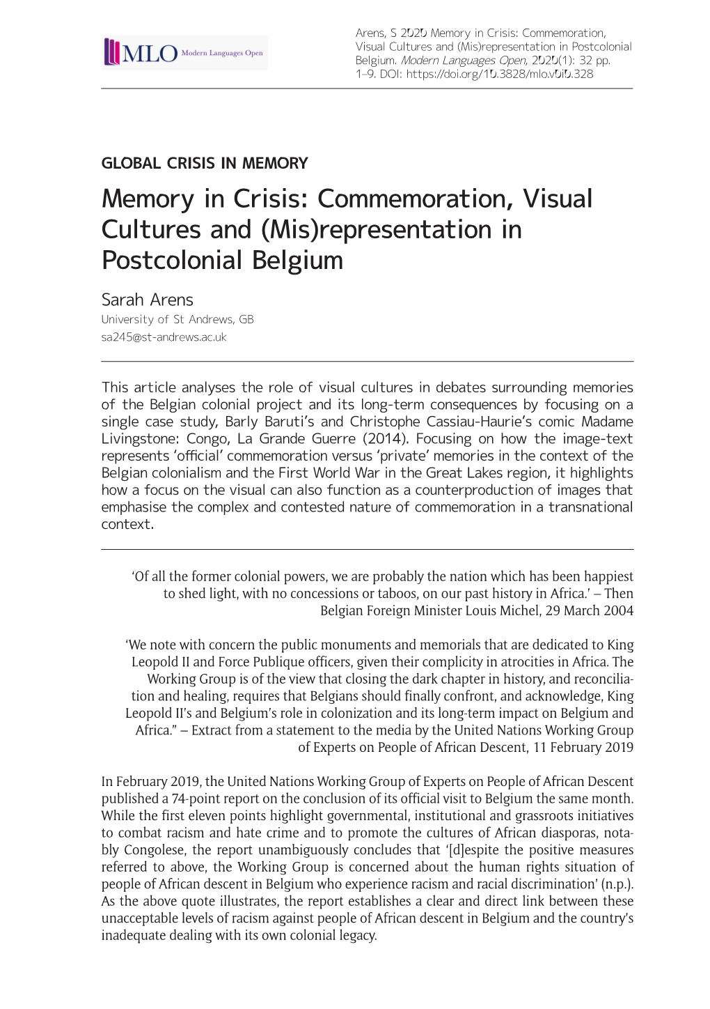 Memory in Crisis: Commemoration, Visual Cultures and (Mis)Representation in Postcolonial Belgium