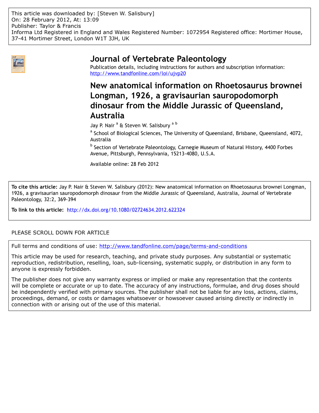 New Anatomical Information on Rhoetosaurus Brownei Longman, 1926, a Gravisaurian Sauropodomorph Dinosaur from the Middle Jurassic of Queensland, Australia Jay P