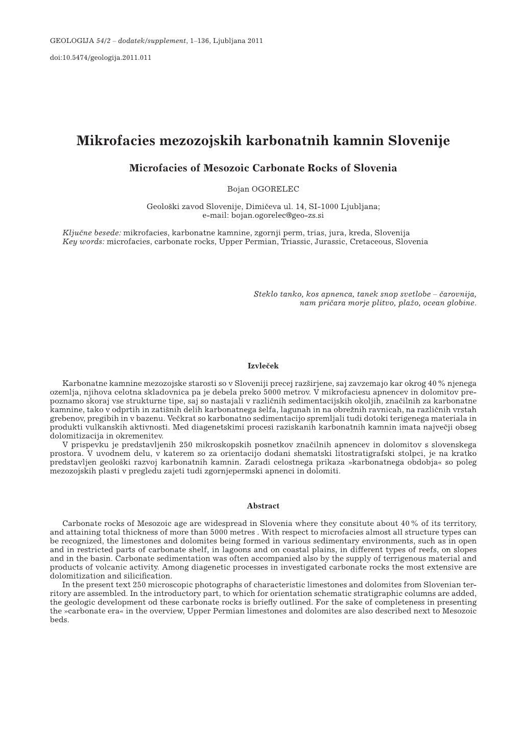 Mikrofacies Mezozojskih Karbonatnih Kamnin Slovenije