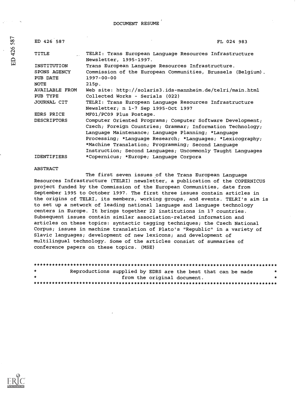 TELRI: Trans European Language Resources Infrastructure Newsletter, 1995-1997