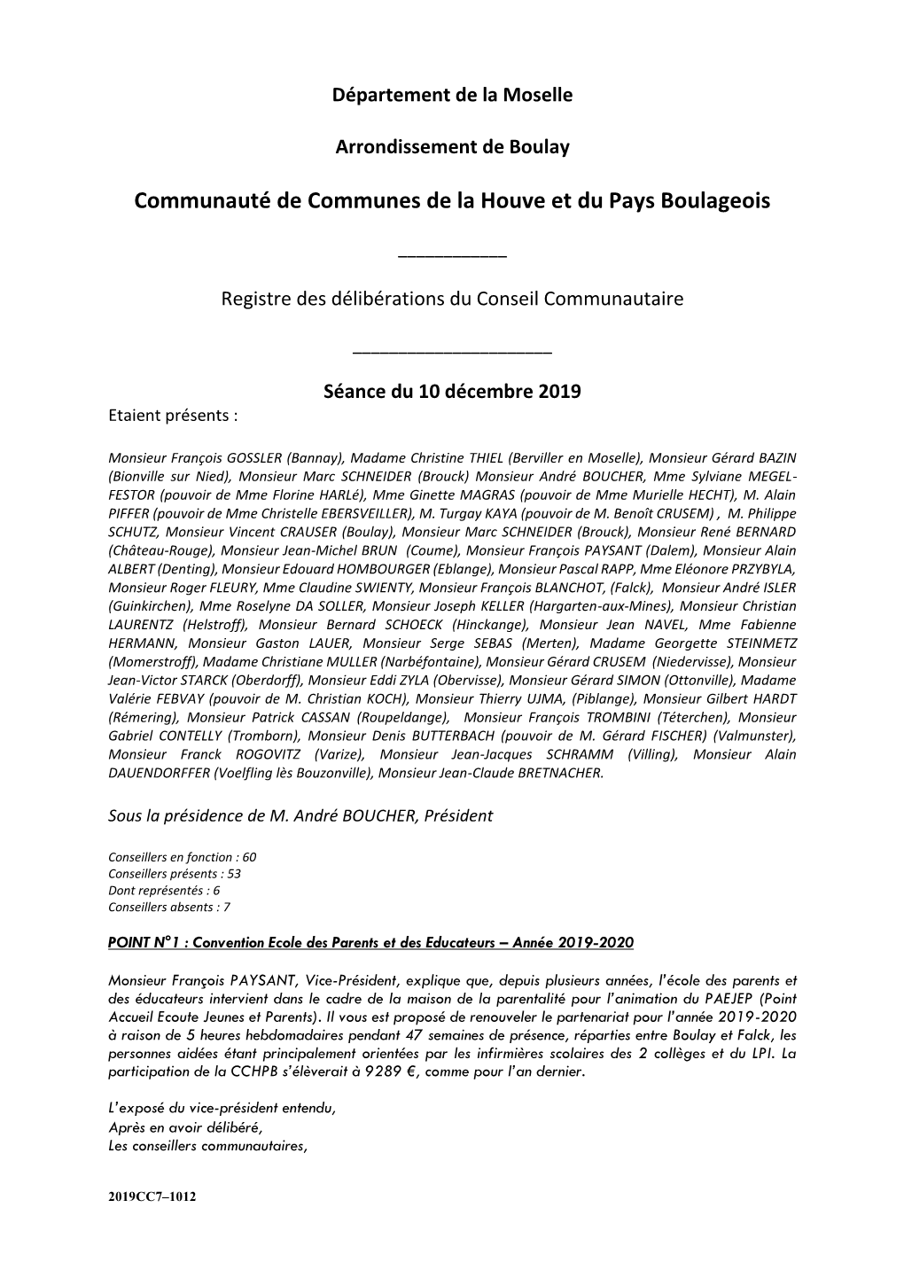 Conseil Communautaire Du 10/12/2019