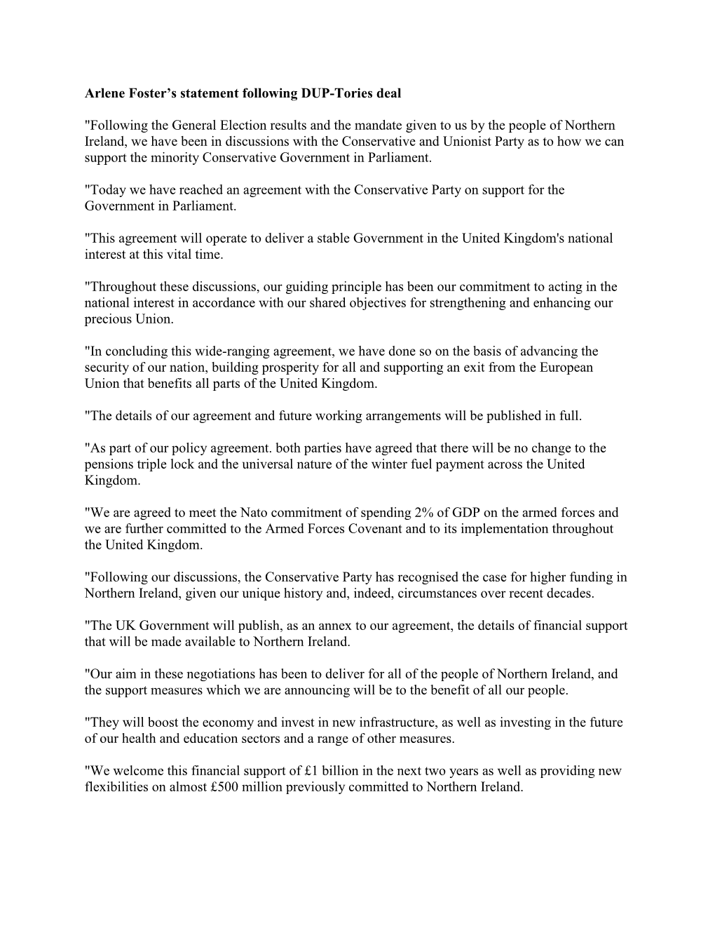 Arlene Foster's Statement Following DUP-Tories Deal "Following The