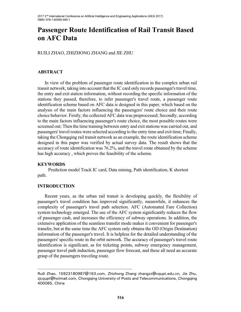 Passenger Route Identification of Rail Transit Based on AFC Data