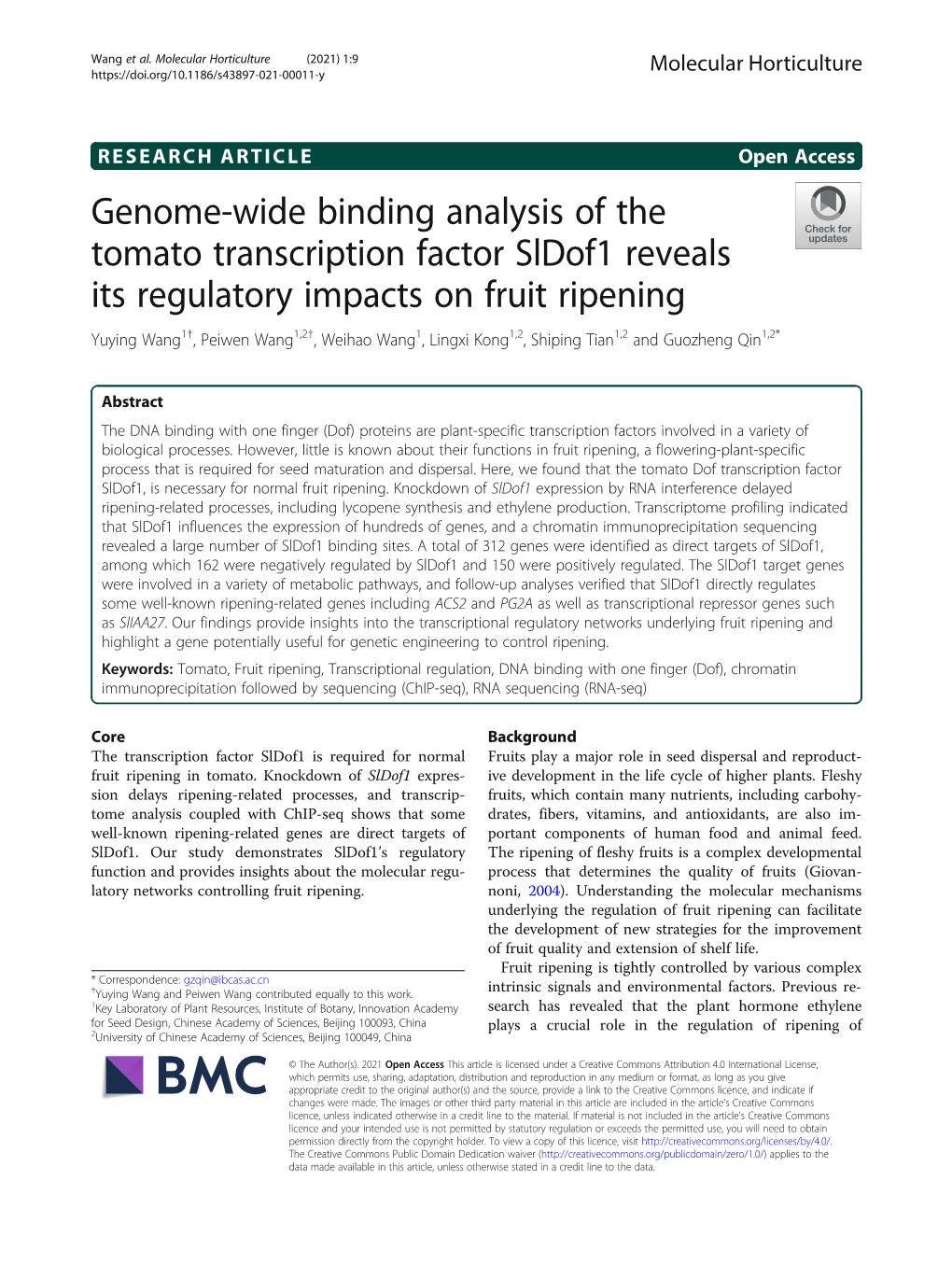 Genome-Wide Binding Analysis of the Tomato Transcription Factor Sldof1 Reveals Its Regulatory Impacts on Fruit Ripening