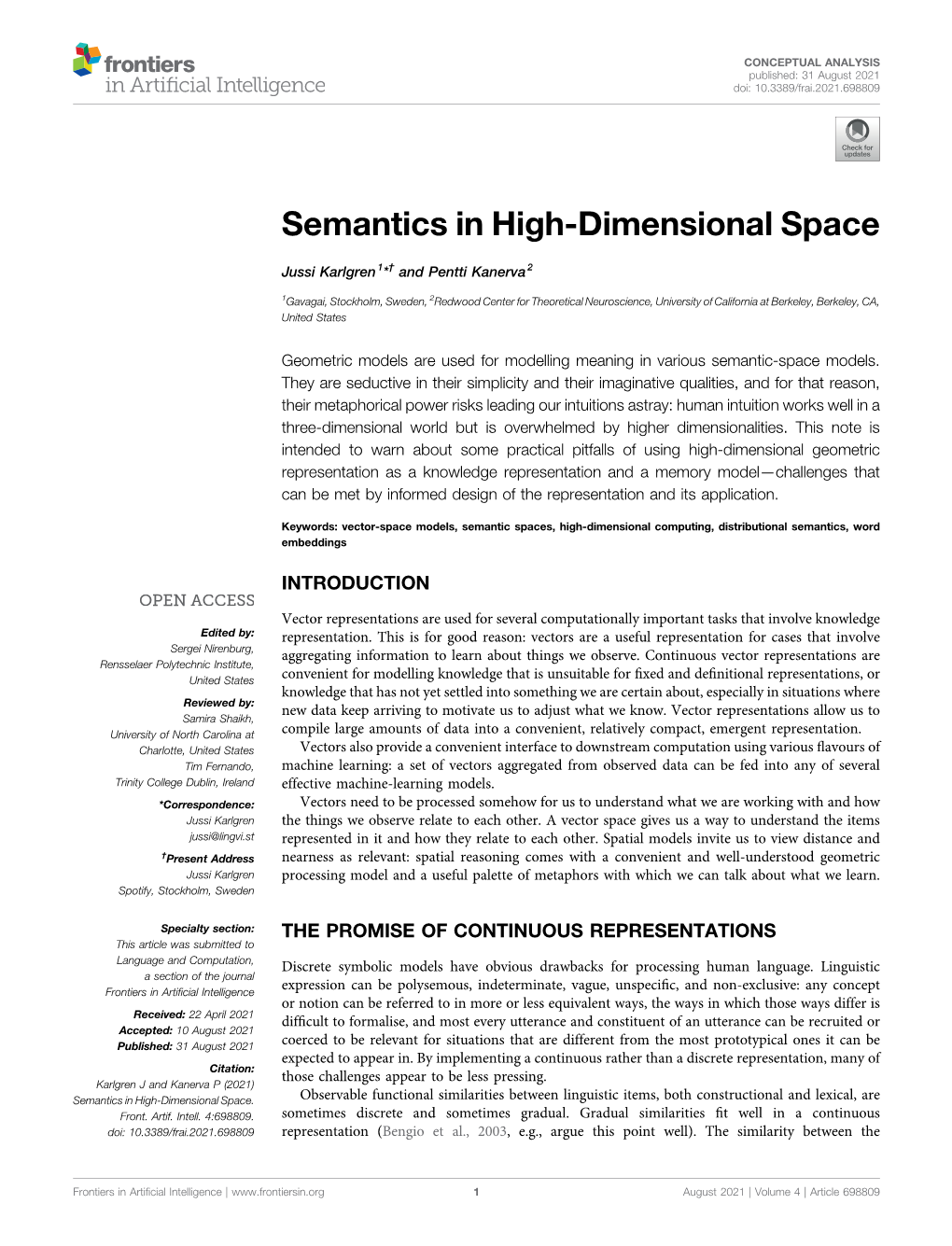 Semantics in High-Dimensional Space