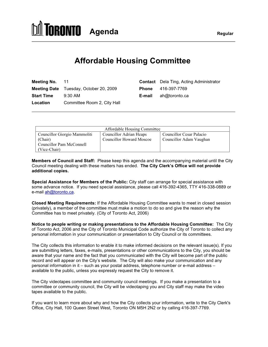 Agenda Affordable Housing Committee