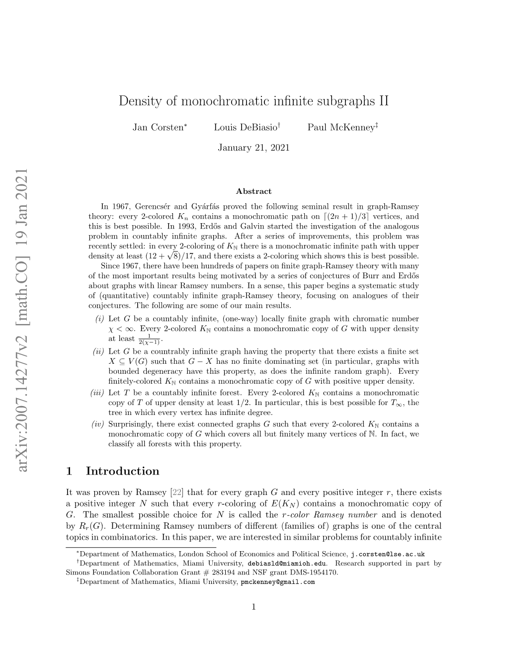 Arxiv:2007.14277V2 [Math.CO] 19 Jan 2021 1 Introduction