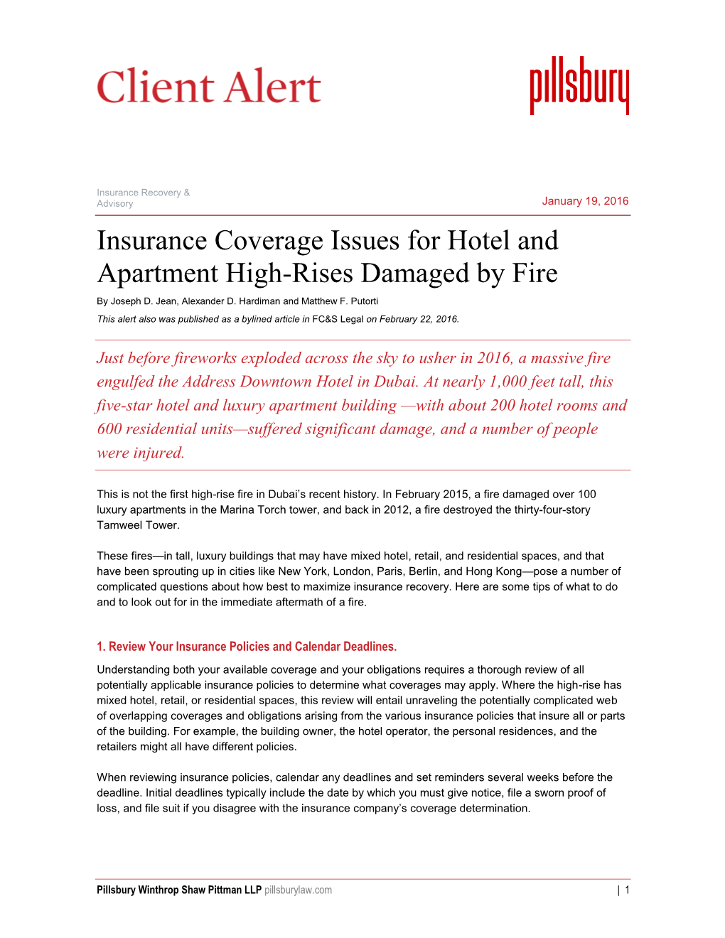 Insurance Coverage Issues for Hotel and Apartment High-Rises Damaged by Fire by Joseph D