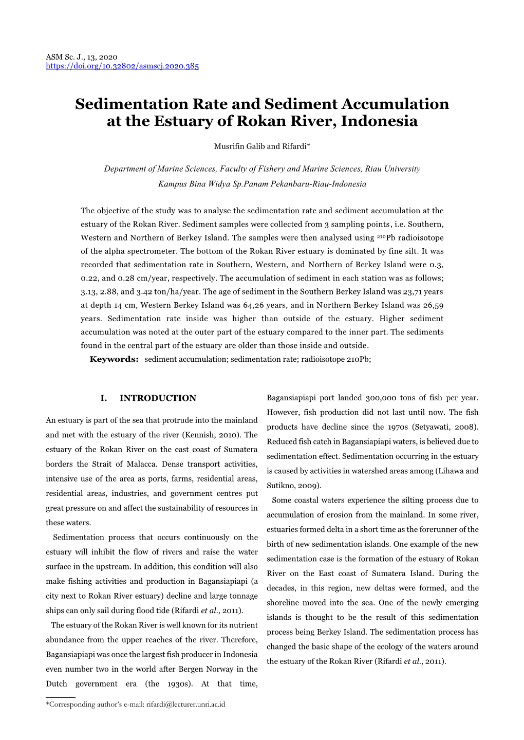 Sedimentation Rate and Sediment Accumulation at the Estuary of Rokan River, Indonesia