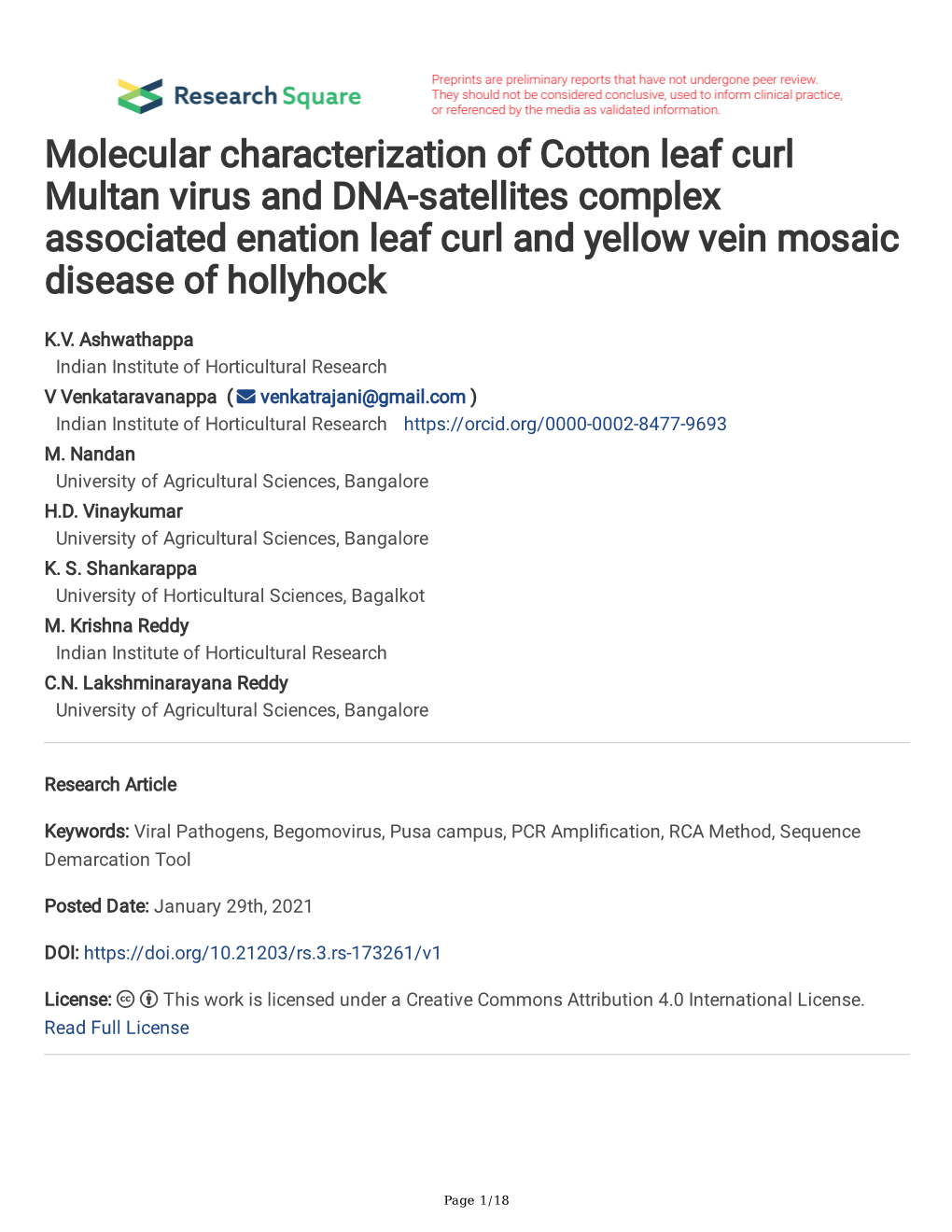 Molecular Characterization of Cotton Leaf Curl Multan Virus and DNA-Satellites Complex Associated Enation Leaf Curl and Yellow Vein Mosaic Disease of Hollyhock