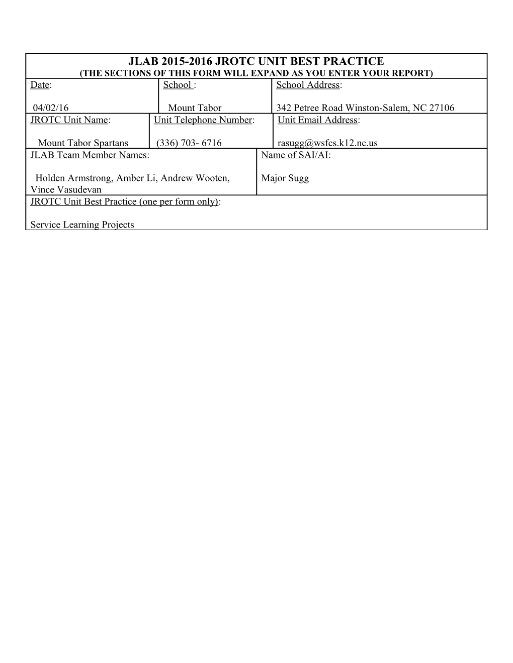 APS JROTC Retired Instructors Scholarship Nomination Form