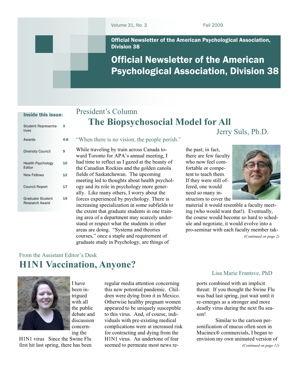 Official Newsletter of the American Psychological Association, Division 38 Official Newsletter of the American Psychological Association, Division 38