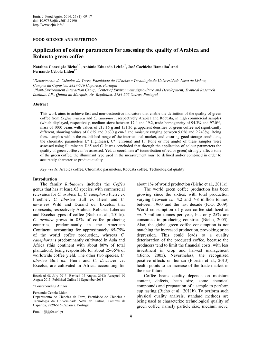 Application of Colour Parameters for Assessing the Quality of Arabica and Robusta Green Coffee