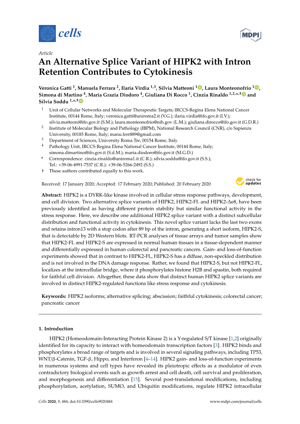 An Alternative Splice Variant of HIPK2 with Intron Retention Contributes to Cytokinesis