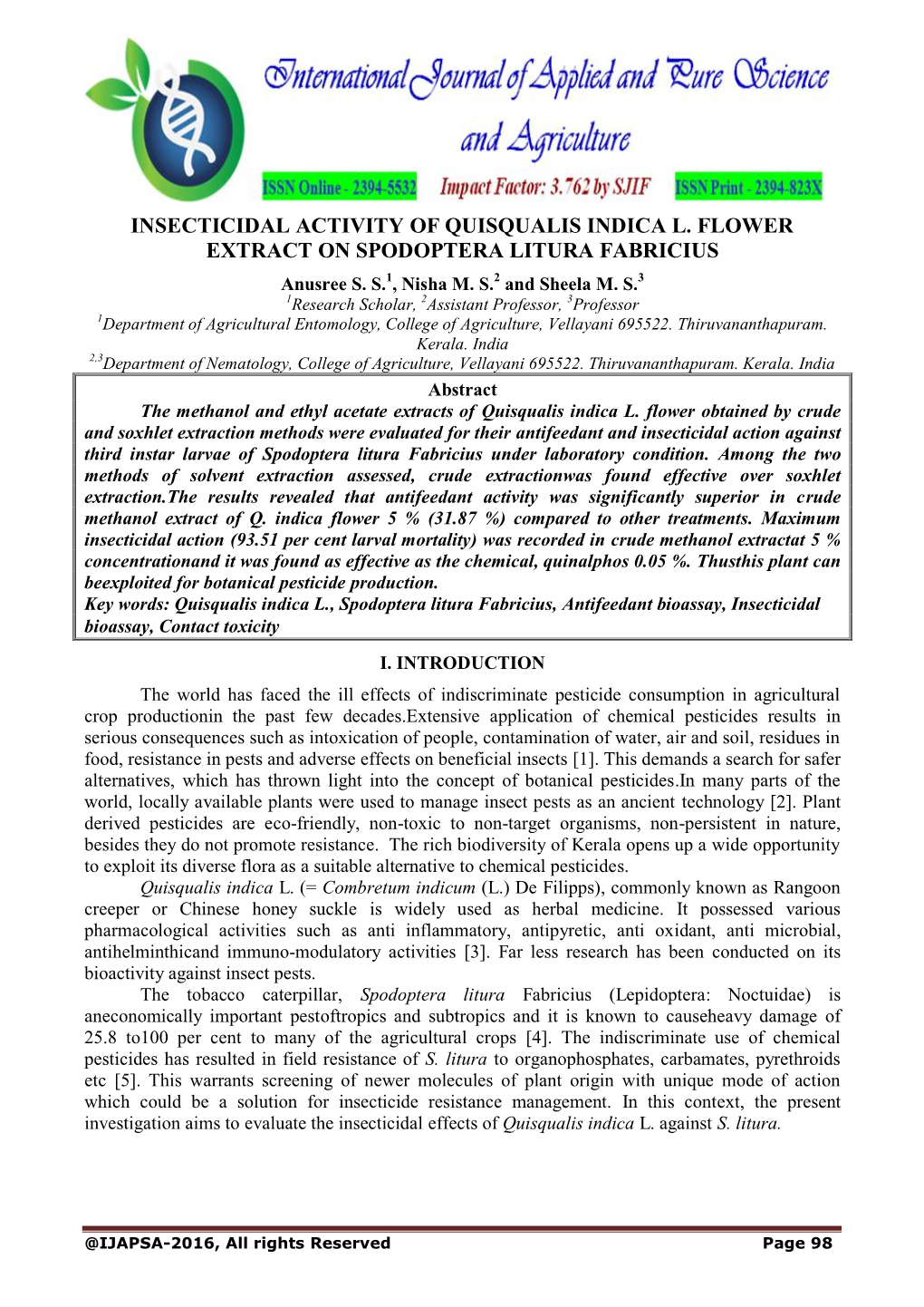 Insecticidal Activity of Quisqualis Indica L. Flower Extract on Spodoptera Litura Fabricius