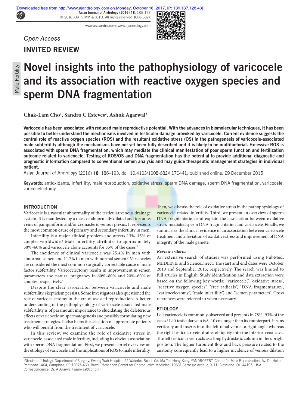 Novel Insights Into the Pathophysiology of Varicocele and Its Association with Reactive Oxygen Species and Male Fertility Sperm DNA Fragmentation