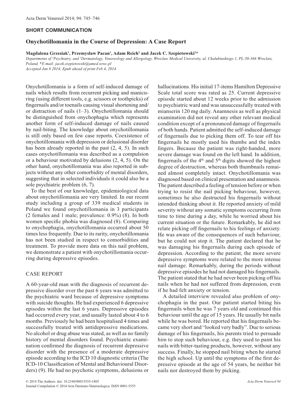 Onychotillomania in the Course of Depression: a Case Report