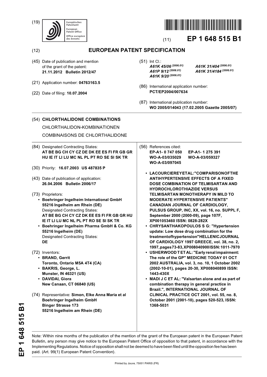 Chlorthalidone Combinations Chlorthalidon-Kombinationen Combinaisons De Chlorthalidone