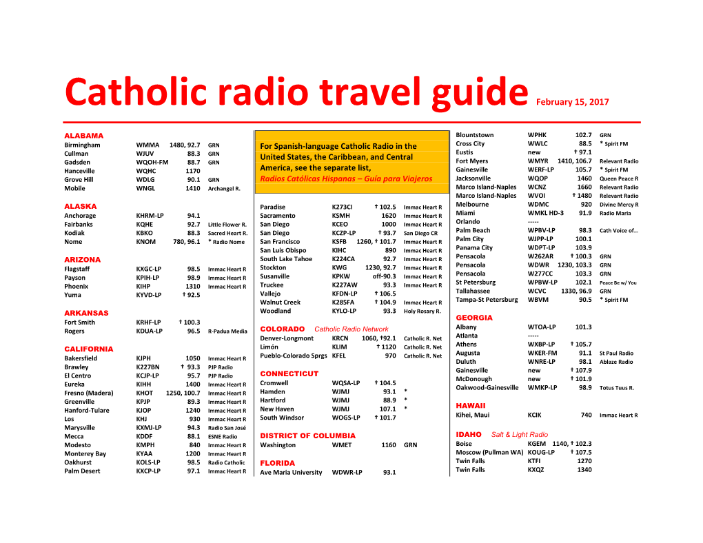 Catholic Radio Travel Guidefebruary 15, 2017