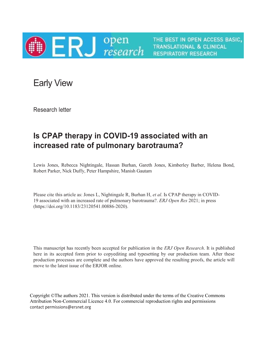 Is CPAP Therapy in COVID-19 Associated with an Increased Rate of Pulmonary Barotrauma?