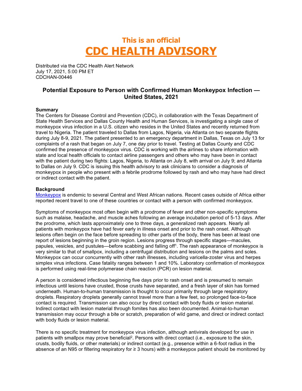 Cdc Health Advisory