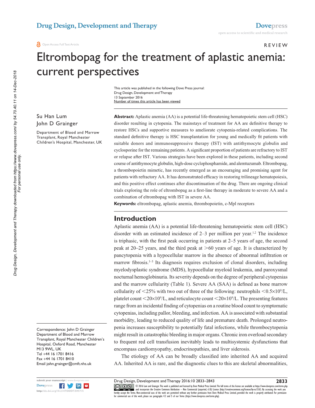 Eltrombopag for the Treatment of Aplastic Anemia: Current Perspectives