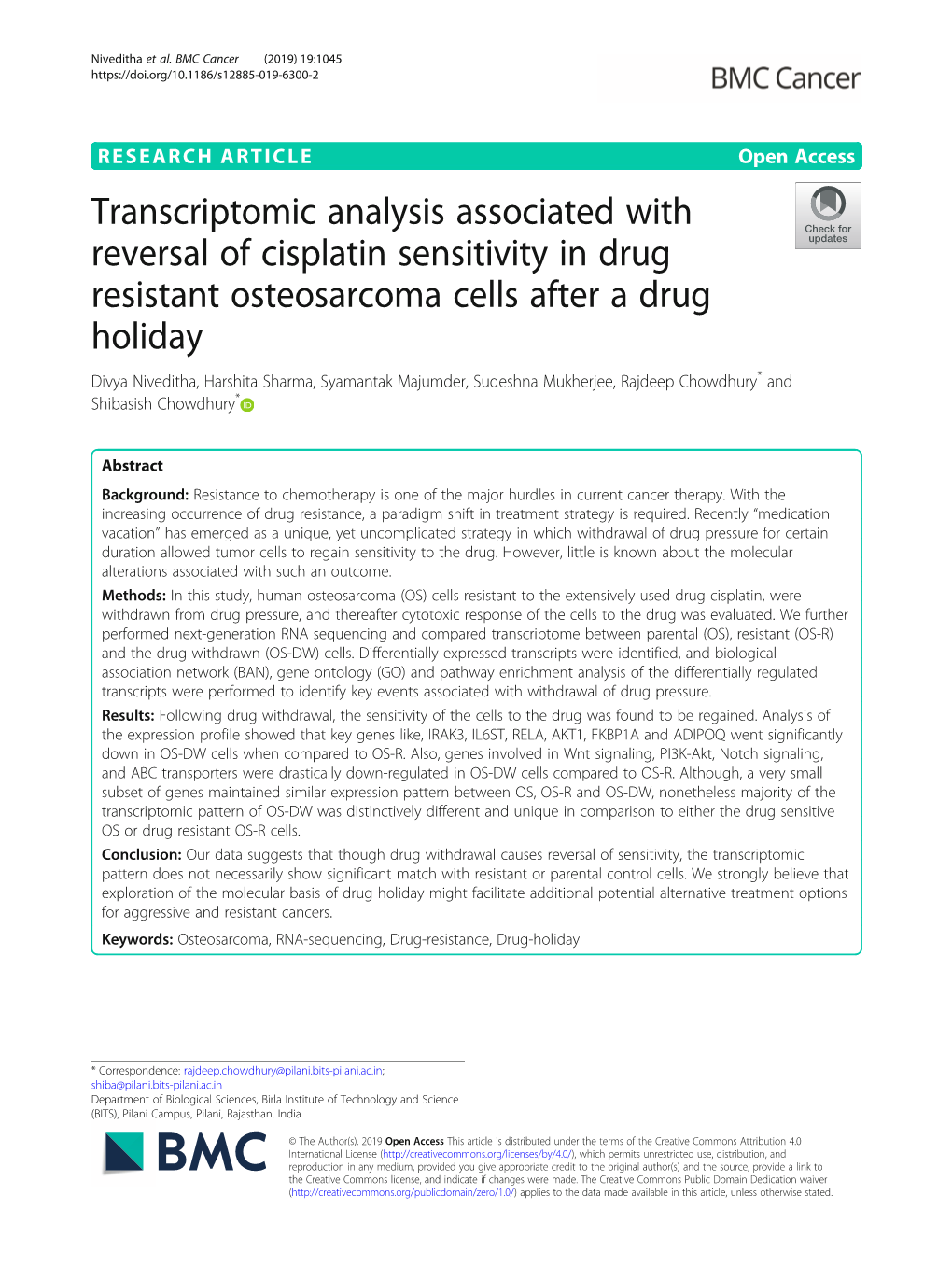 Transcriptomic Analysis Associated with Reversal of Cisplatin Sensitivity