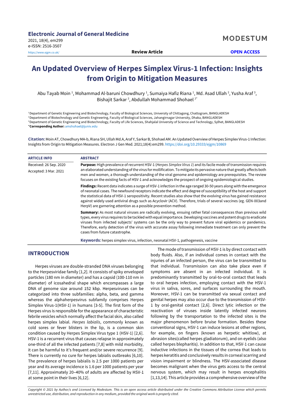 An Updated Overview of Herpes Simplex Virus-1 Infection: Insights from Origin to Mitigation Measures