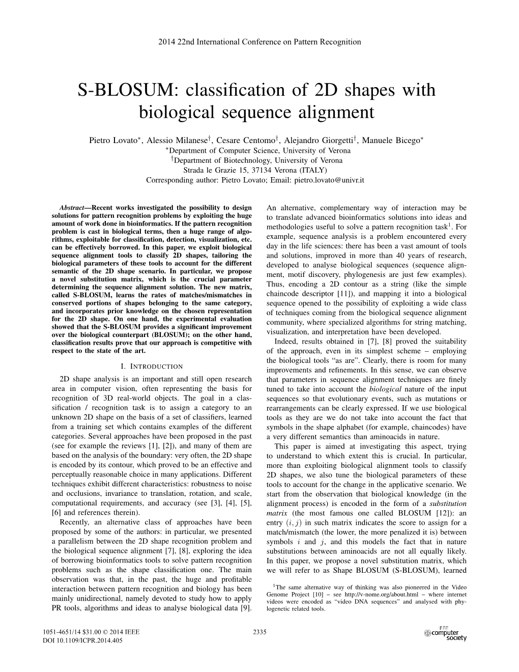 S-BLOSUM: Classification of 2D Shapes with Biological Sequence