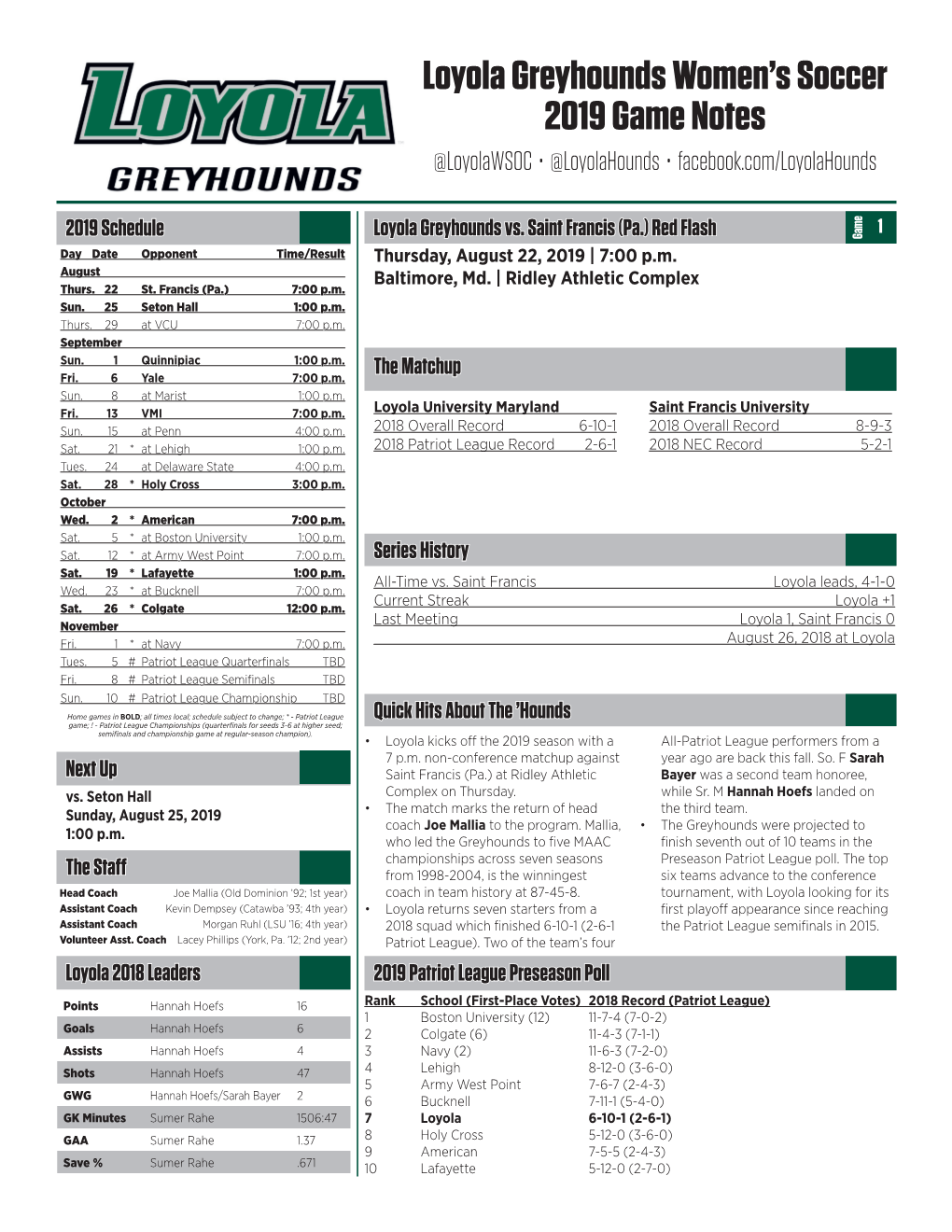 Loyola Greyhounds Women's Soccer 2019 Game Notes