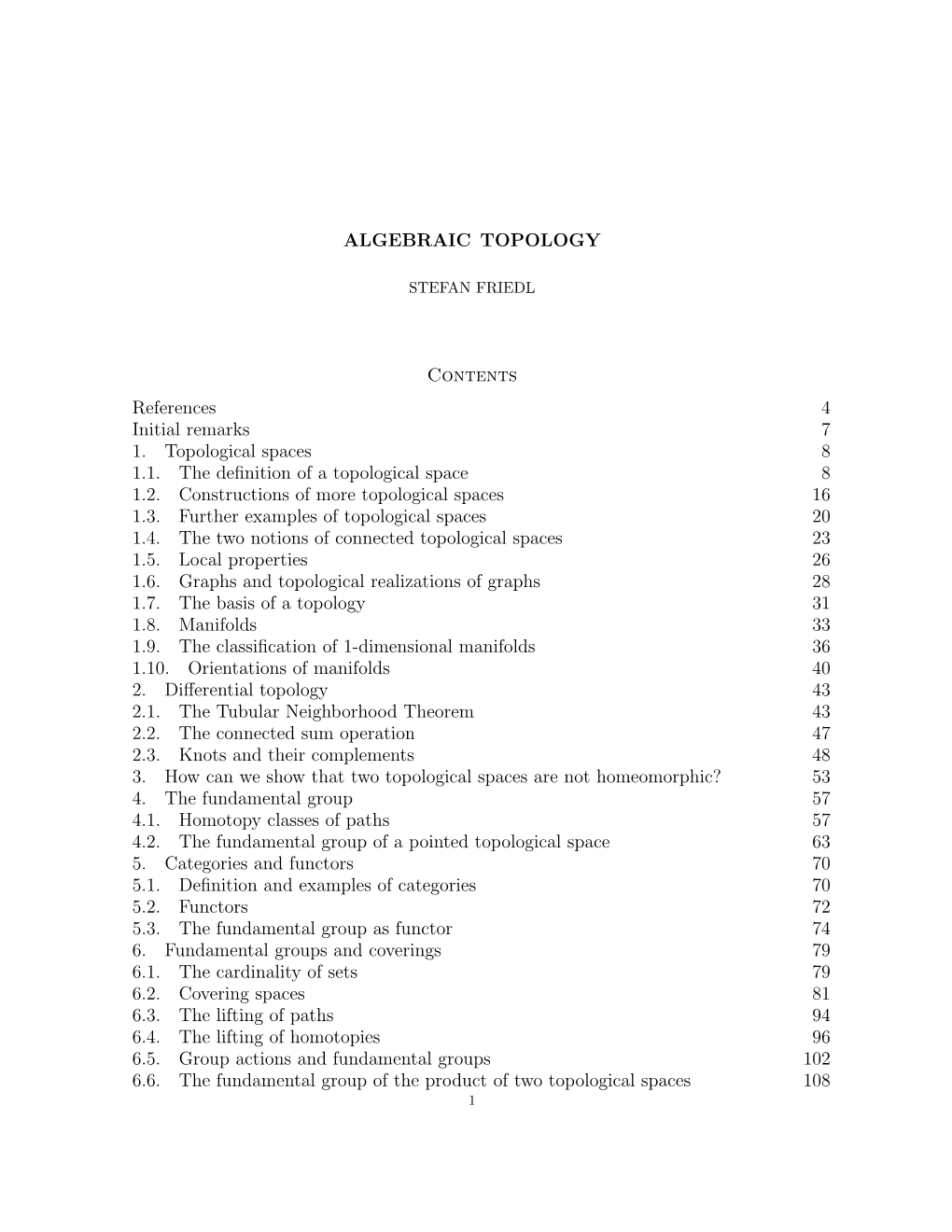 ALGEBRAIC TOPOLOGY Contents References 4 Initial Remarks 7 1