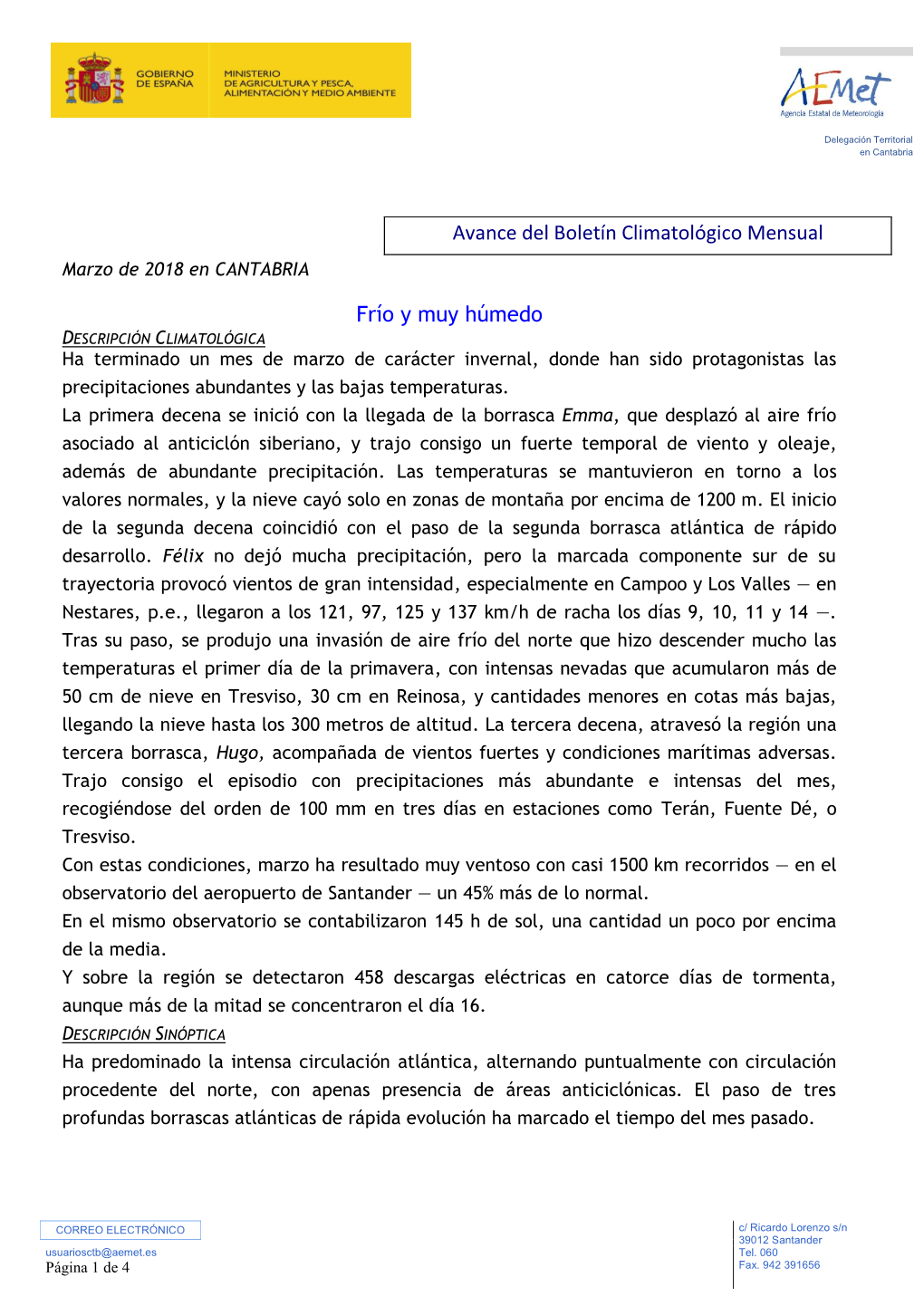 Avance Climatológico Mensual Marzo 2018