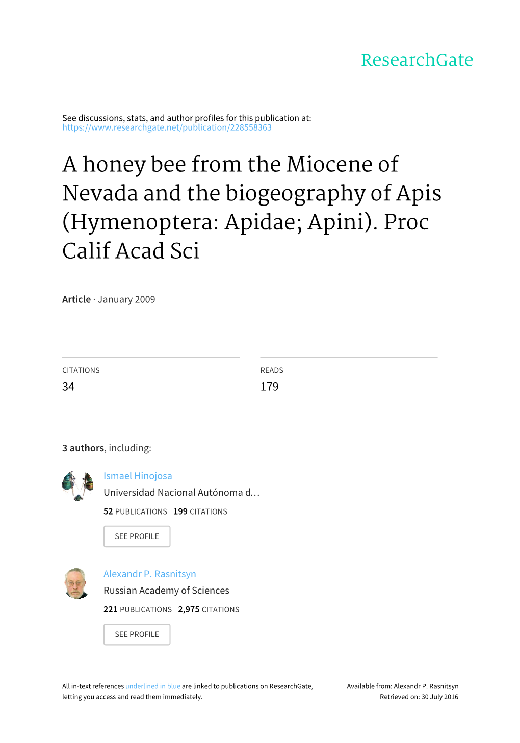 A Honey Bee from the Miocene of Nevada and the Biogeography of Apis (Hymenoptera: Apidae; Apini)