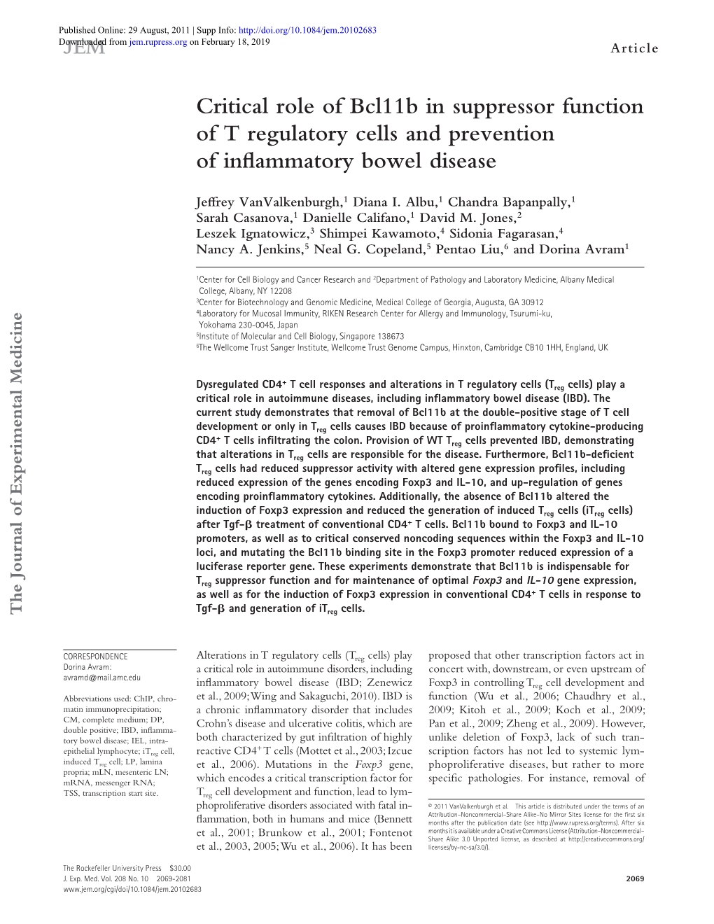 Critical Role of Bcl11b in Suppressor Function of T Regulatory Cells and Prevention of Inflammatory Bowel Disease