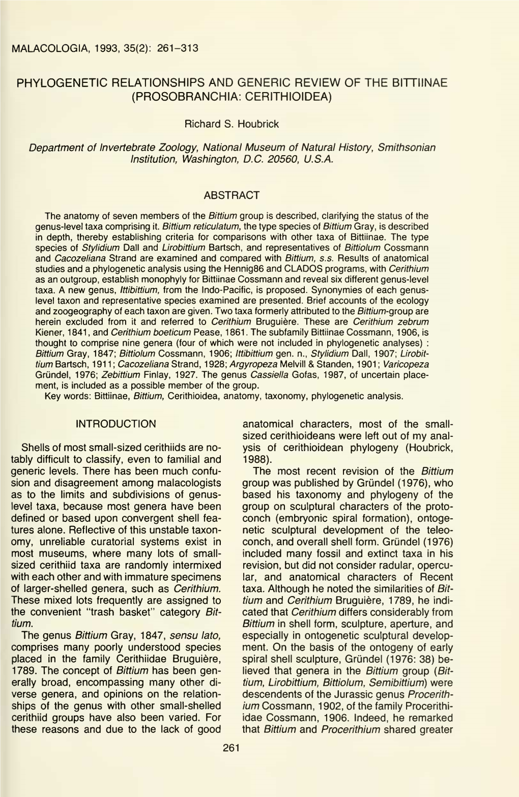 Phylogenetic Relationships and Generic Review of the Bittiinae (Prosobranchia: Cerithioidea)