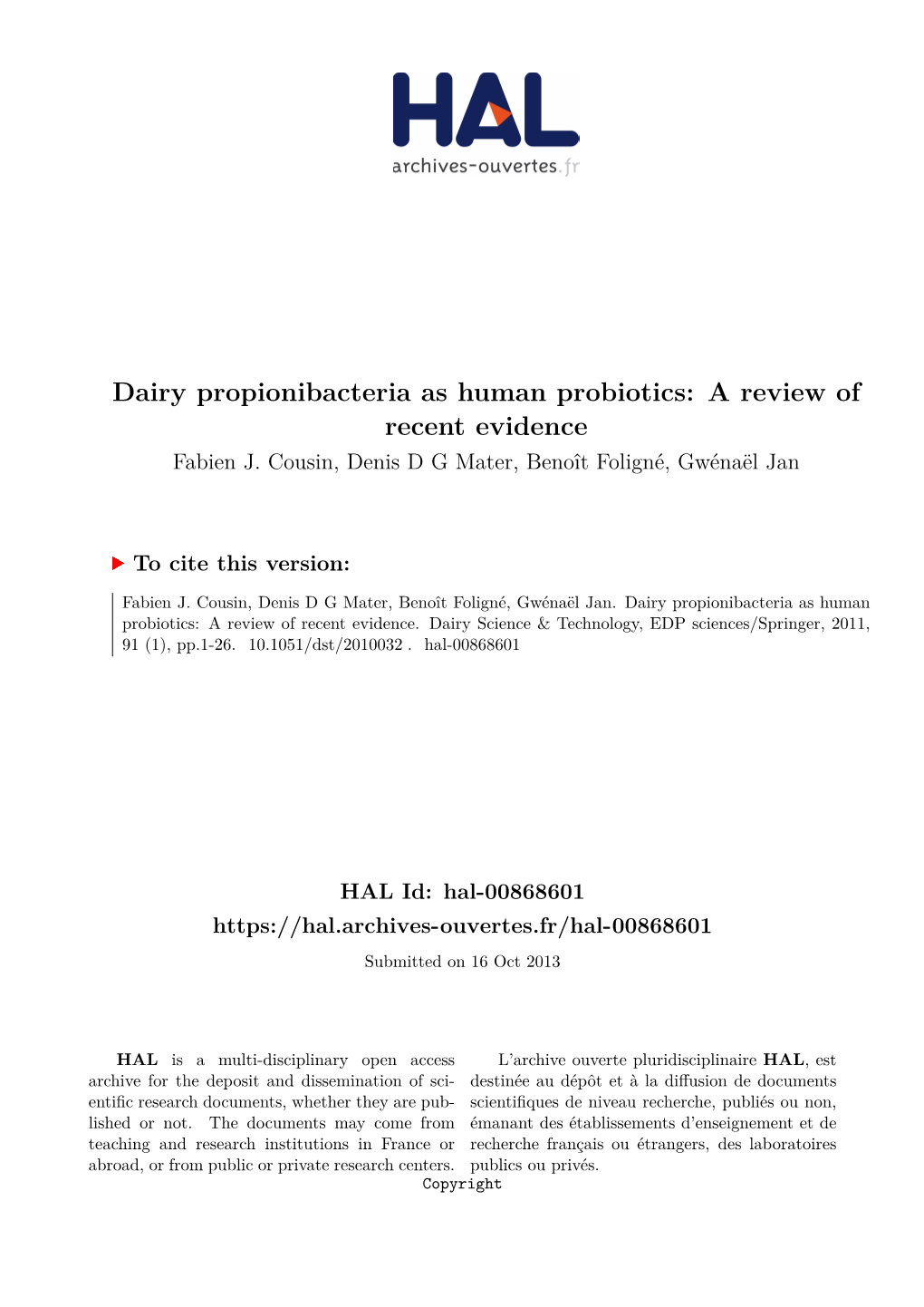 Dairy Propionibacteria As Human Probiotics: a Review of Recent Evidence Fabien J