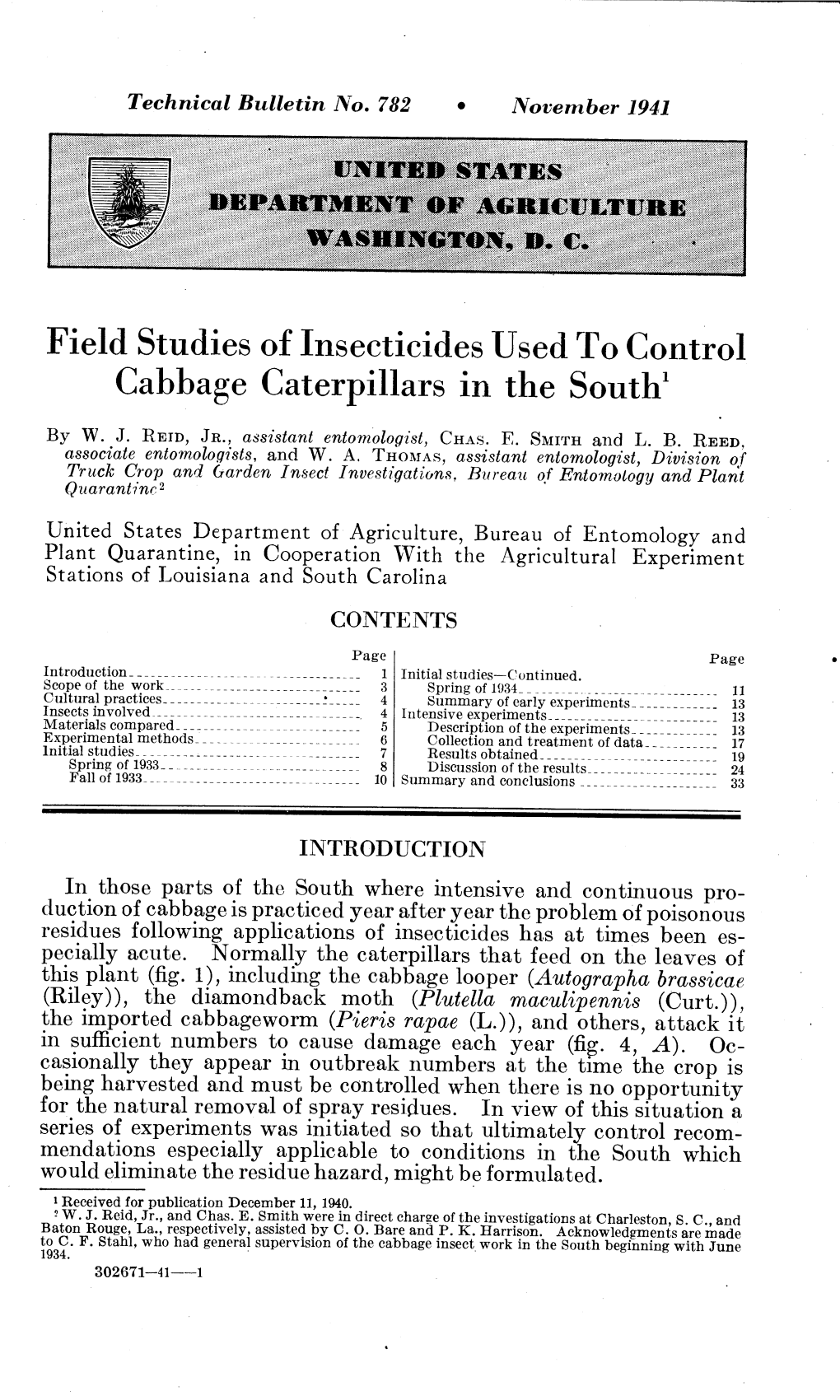 Field Studies of Insecticides Used to Control Cabbage Caterpillars in the South'