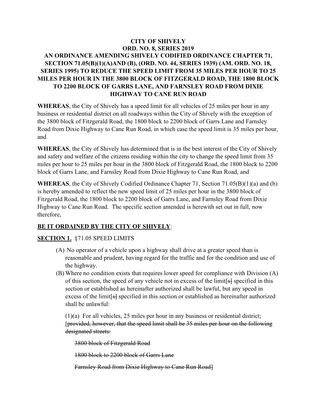 City of Shively Ord. No. 8, Series 2019 an Ordinance Amending Shively Codified Ordinance Chapter 71, Section 71.05(B)(1)(A)And (B), (Ord