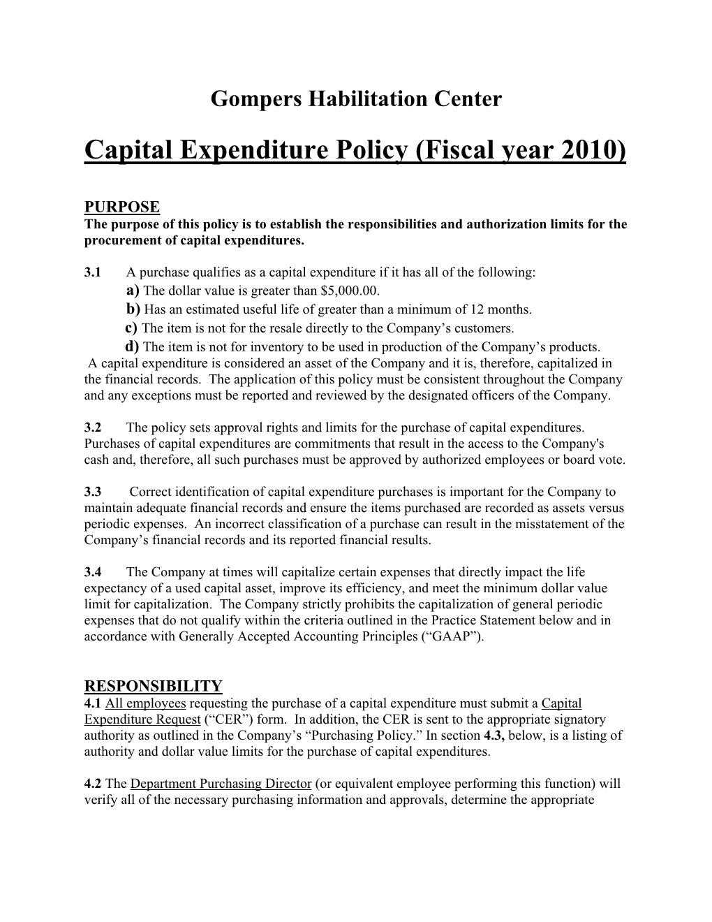 Capital Expenditure Policy (Fiscal Year 2010)