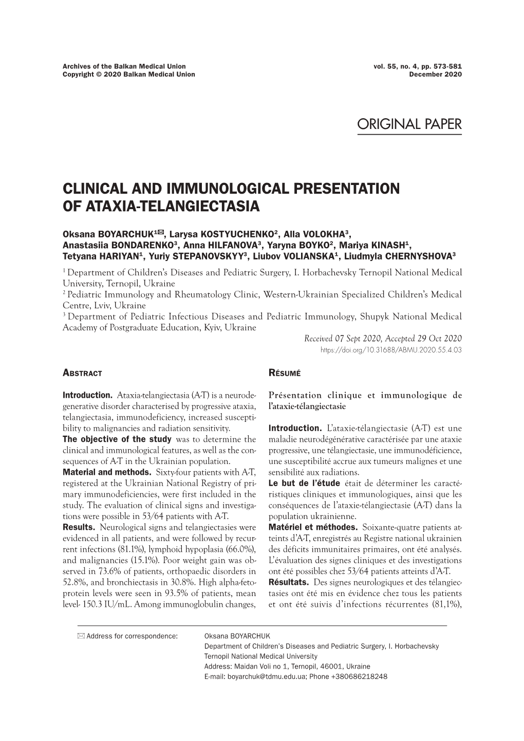 Clinical and Immunological Presentation of Ataxia-Telangiectasia