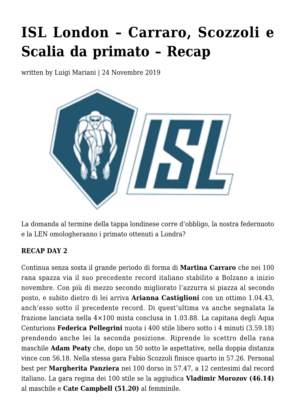 ISL London – Carraro, Scozzoli E Scalia Da Primato