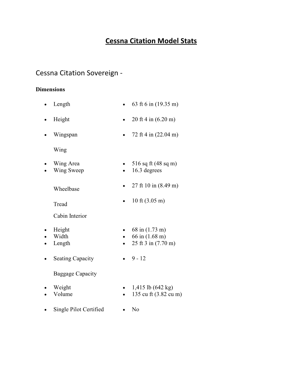 Cessna Citation Model Stats