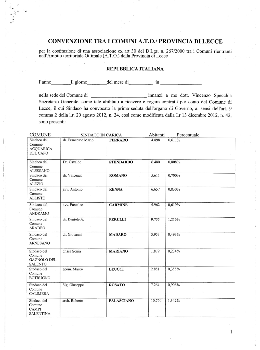 Convenzione Tra I Comuni Ato! Provincia Di Lecce